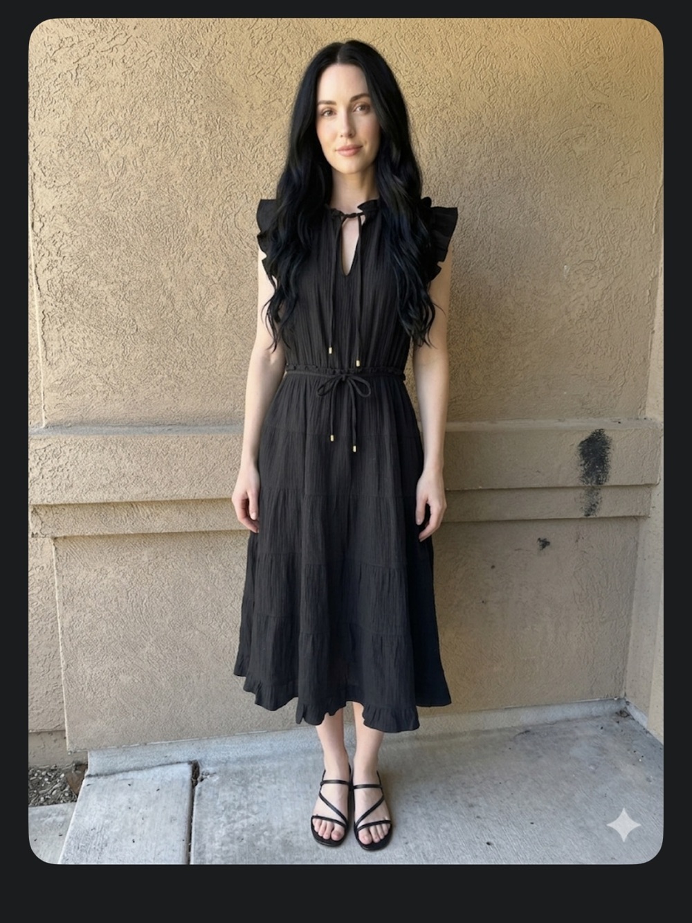 Another Love Black Ruffle-Shoulder Tie-Waist Midi Dress